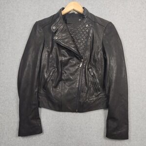 Cole‎ Haan Leather Jacket Womens Small Black Moto Biker Racer Quilted